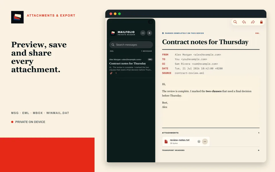 MailFolio showing an email and attachments before private PDF export