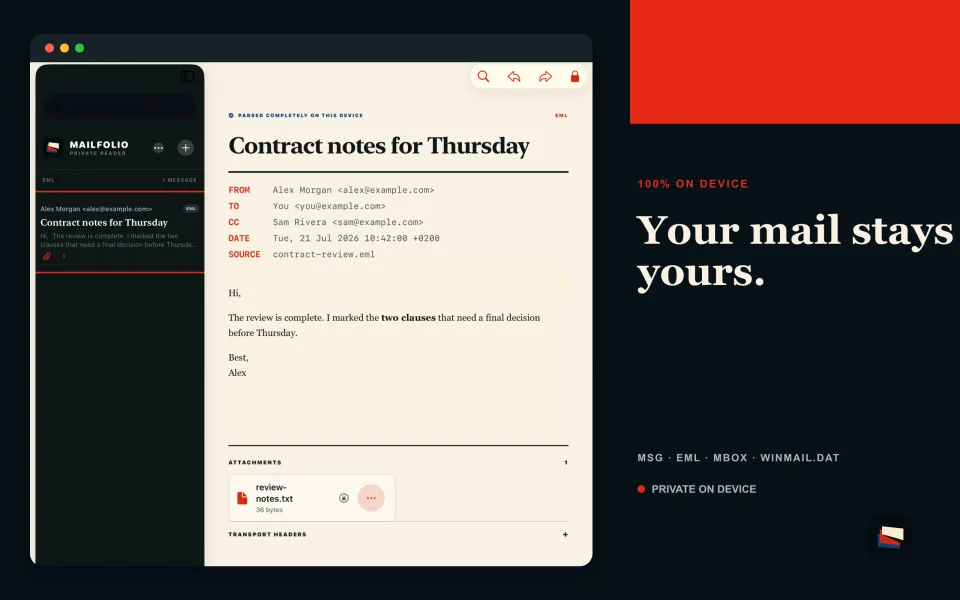 MailFolio browsing a locally opened email archive on Mac