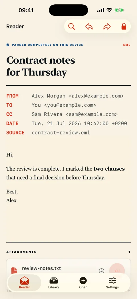 MailFolio showing a decoded email and its attachment on iPhone