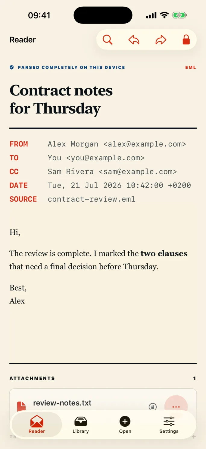 MailFolio on iPhone displaying the body, sender and attachment of an example EML email